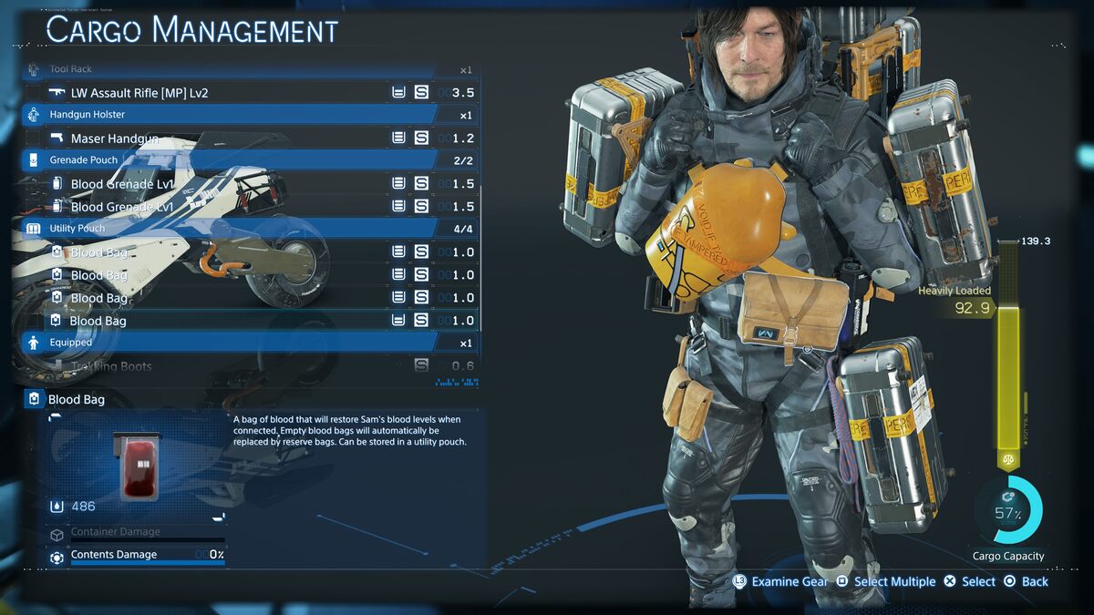 Death Stranding 2 healing blood bags: cargo management screen.