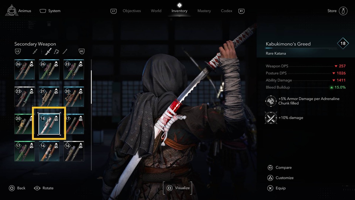 Assassin's Creed Shadows best weapons: inventory menu.