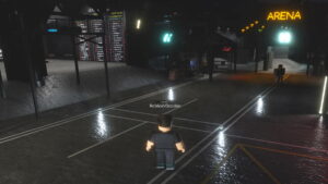 Deathwish player in the lobby, facing the Arena. Another player is standing in the distance.