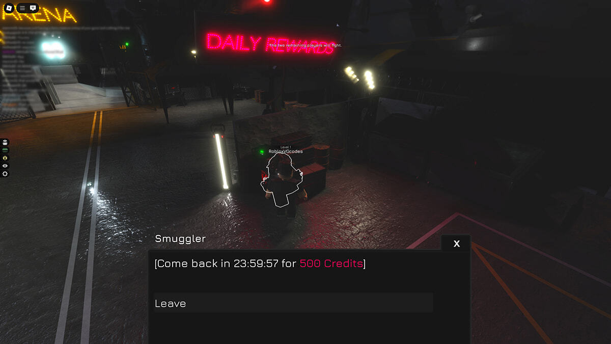 A Deathwish player standing next to an NPC under a Daily Rewards neon sign. A message from the Smuggler is displayed saying to come back in 23:59:57 for 500 Credits.
