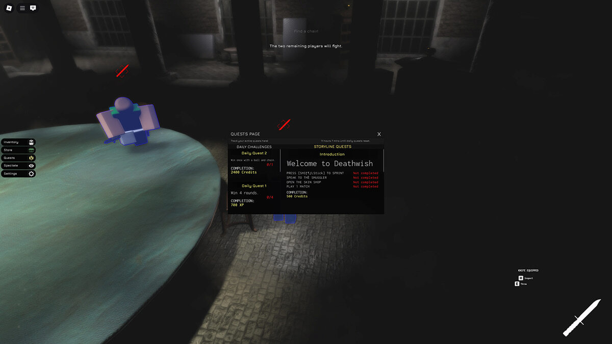 The Quests page in Deathwish is displayed over two players fighting on a round table.