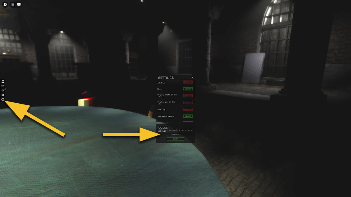A yellow arrow points at the Settings icon in Deathwish. Another yellow arrow points at the text box where the player needs to input codes.