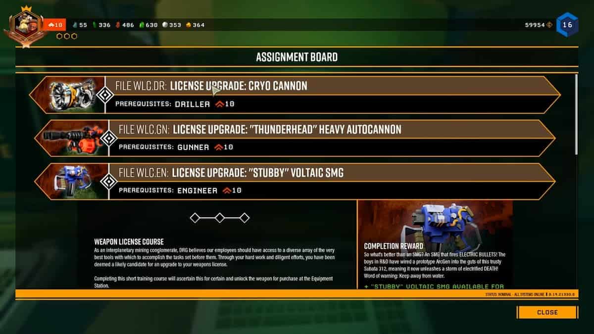 A screen shot of Deep Rock Galactic, showcasing a wide variety of primary and secondary weapons.