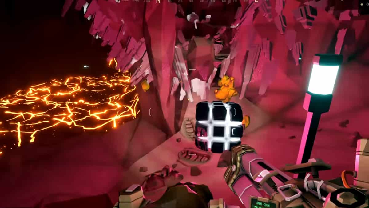 A screenshot of a video game showcasing intense flames and an error cube.