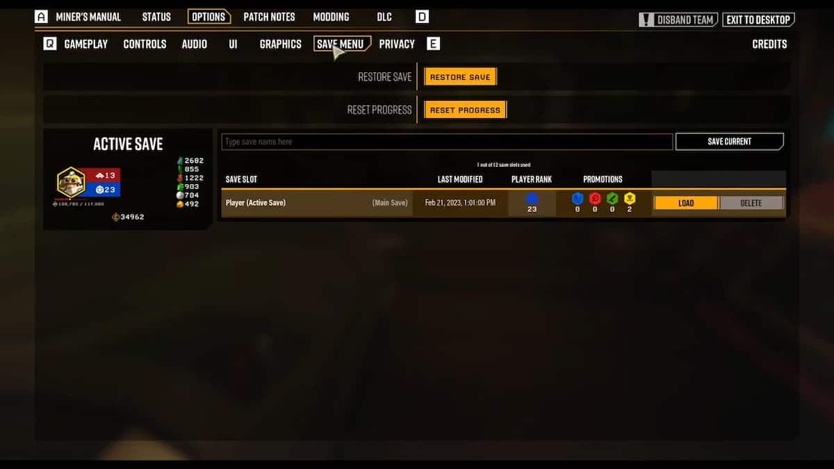 A screenshot of the Deep Rock Galactic game's menu screen.