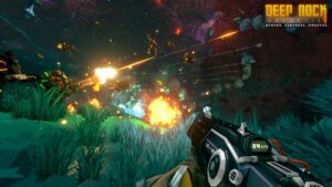 Dwarf miners in Deep Rock Galactic fire at an explosion on Game Pass.