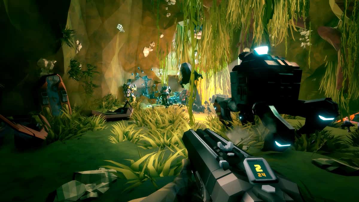 A player in a mission in Deep Rock Galactic, holding a gun.