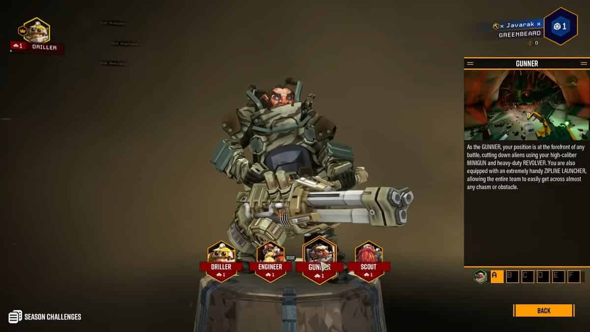 The Gunner class in Deep Rock Galactic standing in the class selection menu.