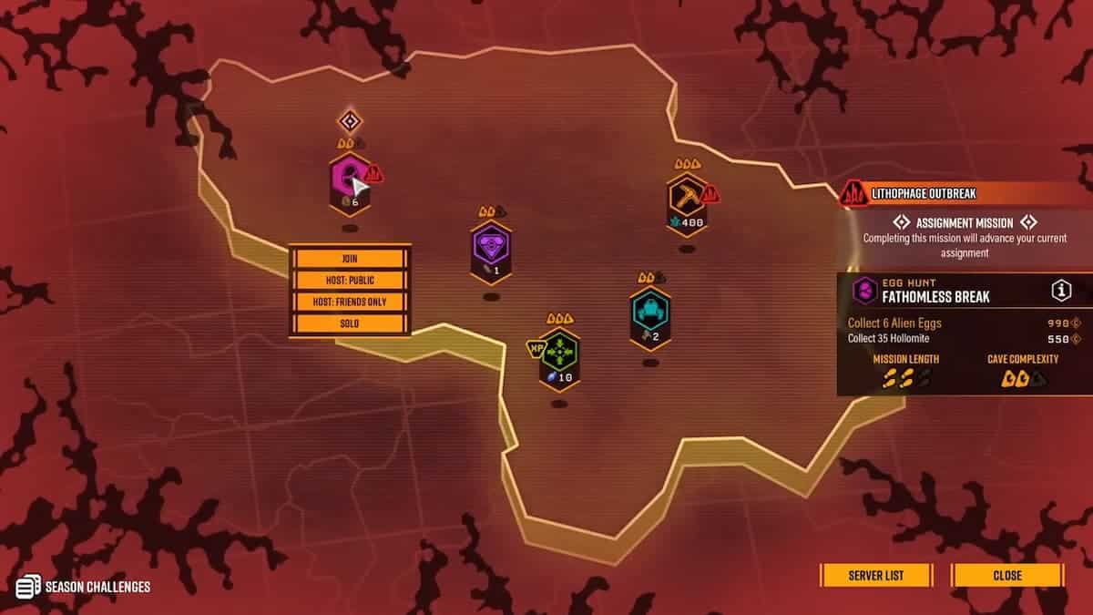 The Deep Rock Galactic mission select, with multiplayer options.