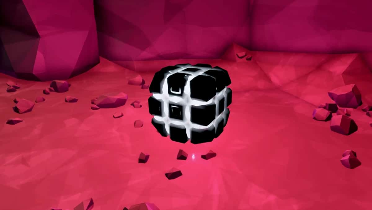 A 3d image of a black error cube in a pink cave.