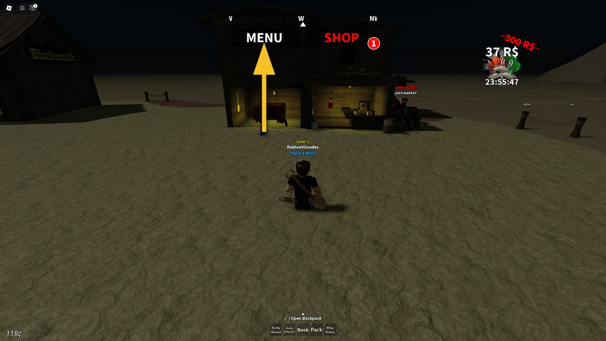 Image from the Desert Detectors game on Roblox, with an arrow pointing at the Menu button.