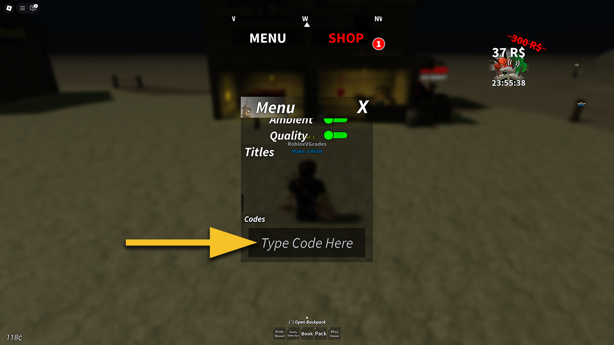 Image from the Desert Detectors game on Roblox, with an arrow pointing at the code input box.