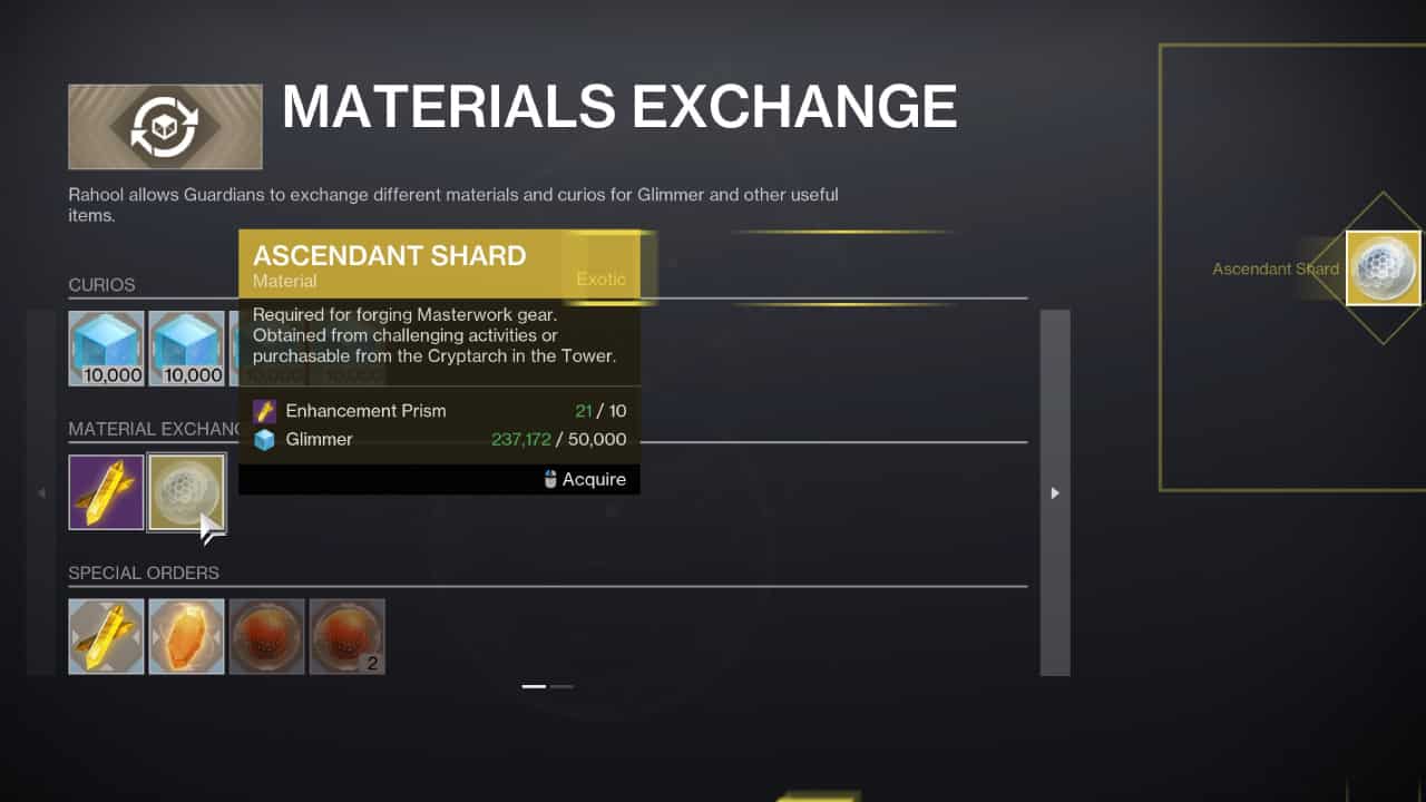 Destiny 2 Season 22 release date: A Guardian picks up an Ascendant Shard from Master Rahool's materials exchange menu.
