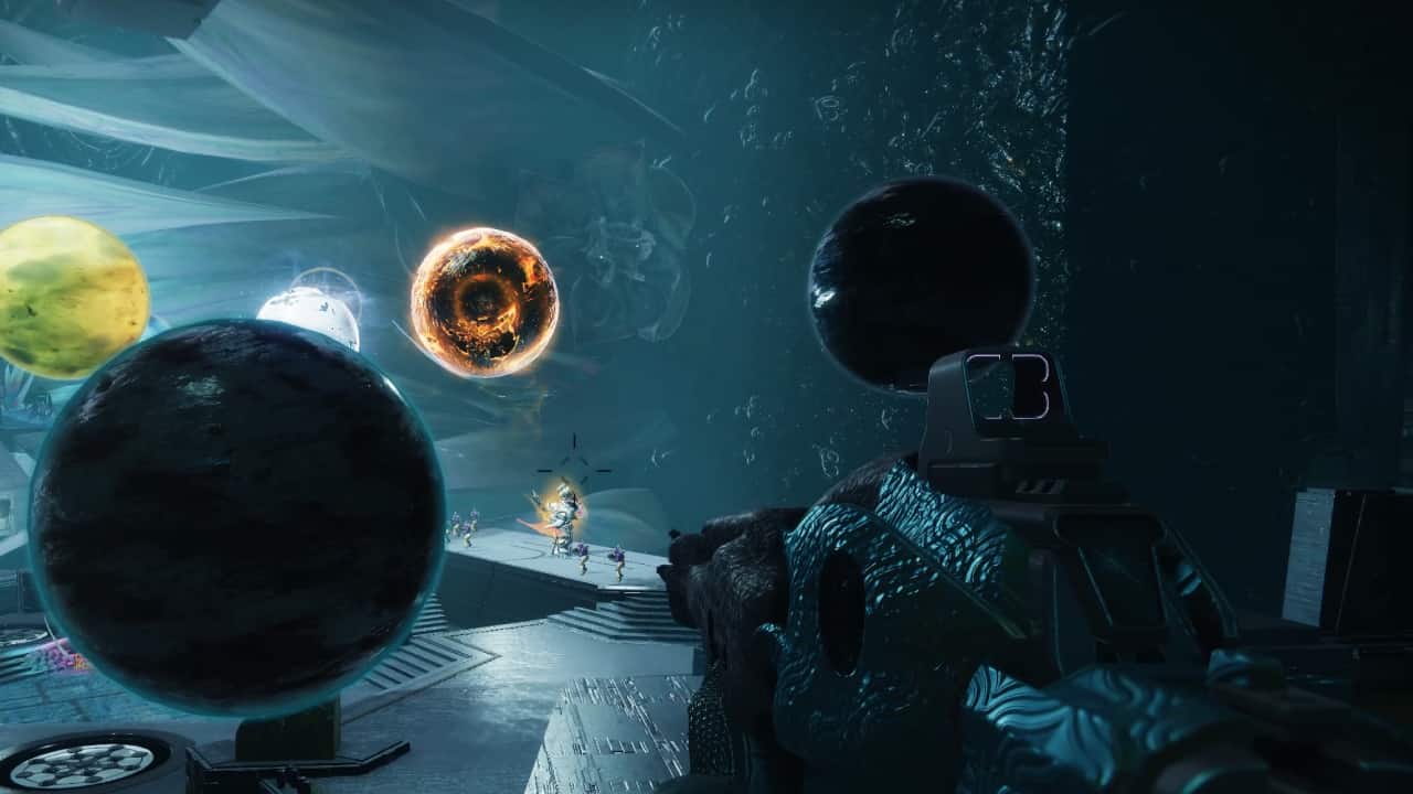 Destiny 2 Season 22 release date: A Guardian wielding Rufus' Fury looks out across the third encounter room of Root of Nightmares, towards the boss. Planets hang ominously in the air.