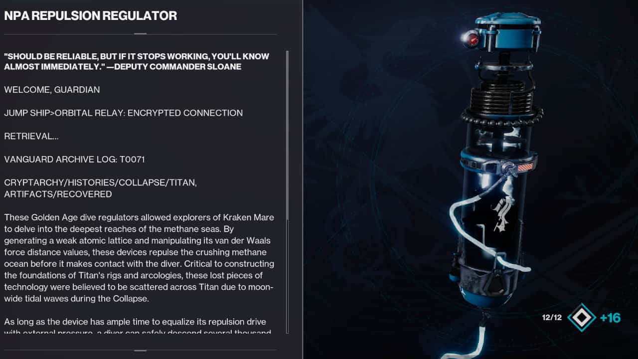 Destiny 2 Season 22 release date: The Season 21 artifact, the NPA Repulsion Regulator, with it's lore tab open.