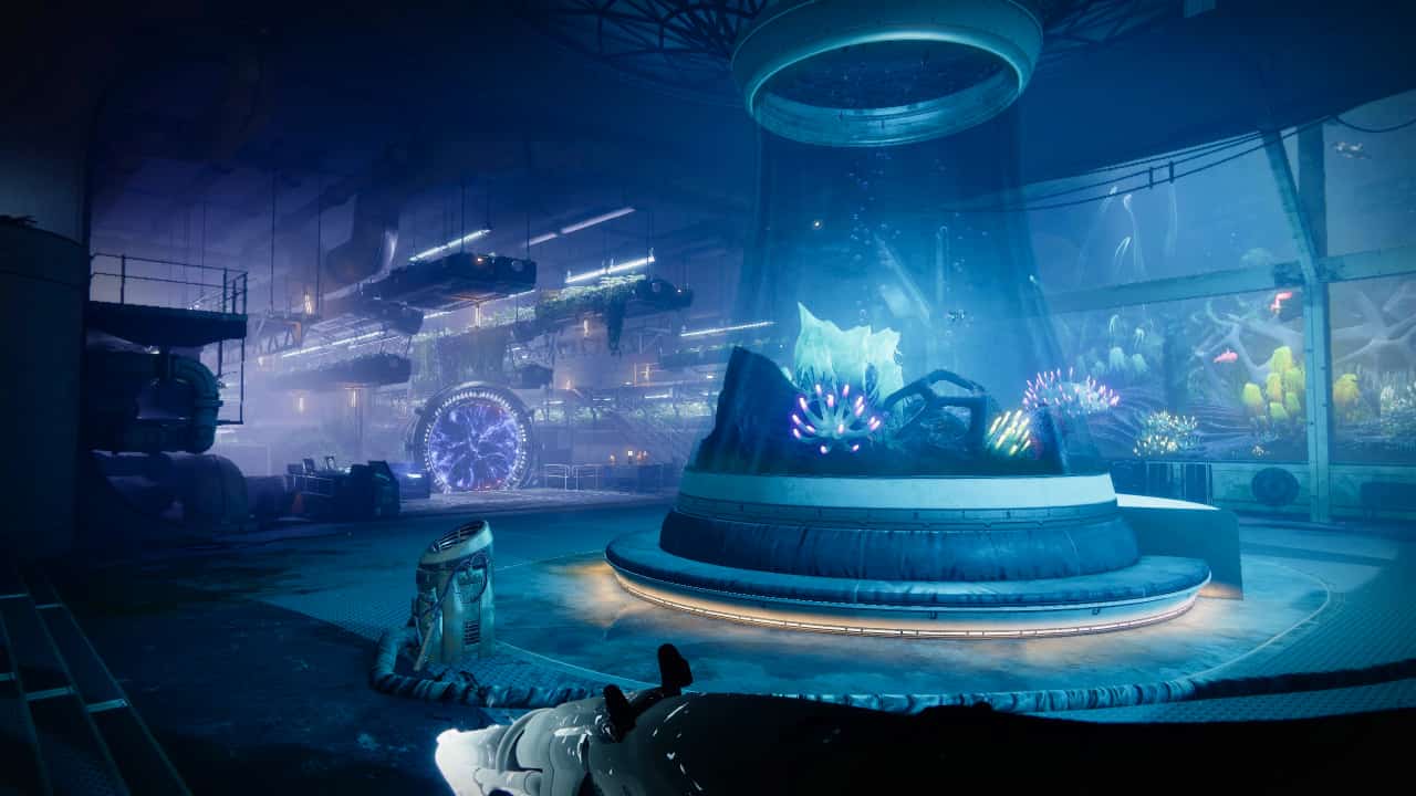 Destiny 2 Season 22 release date: A guardian wielding a seasonal Taken weapon stands in the aquarium room aboard the H.E.L.M. The scene is lit by azure glows from the water, and the amethyst fog surrounding the portal down to Titan.