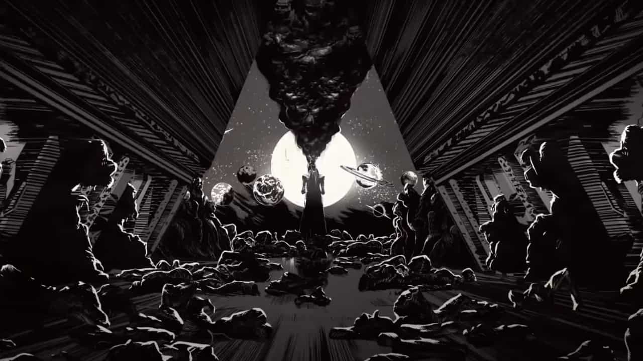 Destiny 2 Season 22 release date: A black and white animated shot from the The Witness's origin cutscene at the end of Season of The Deep's story. The Witness moves forward through the halls of a Pyramid ship, surrounded by malformed corpses as it begins its pursuit of the Traveler. 