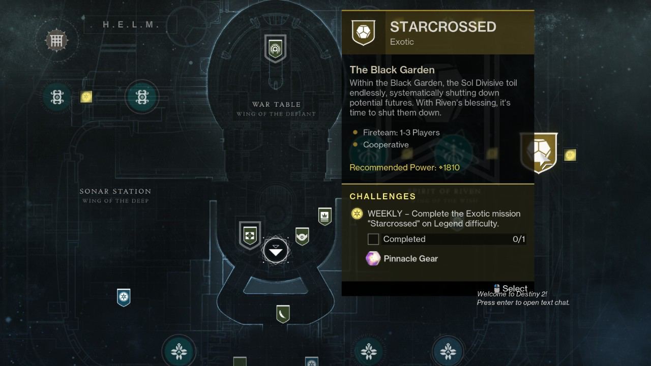 Destiny 2 Starcrossed exotic mission guide and hidden chest location: The Starcrossed exotic mission highlighted on the HELM map.