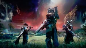 Image of a three-person Fireteam in the game Destiny 2: The Final Shape. They are on an alien planet, overlooking a looming monolith.