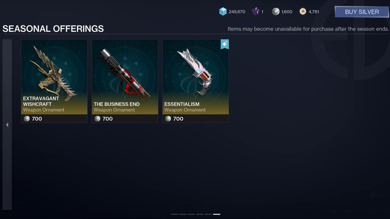 Destiny 2 Eververse Store this week: The seasonal offerings menu tab, showcasing the offerings available for Silver, page 6.