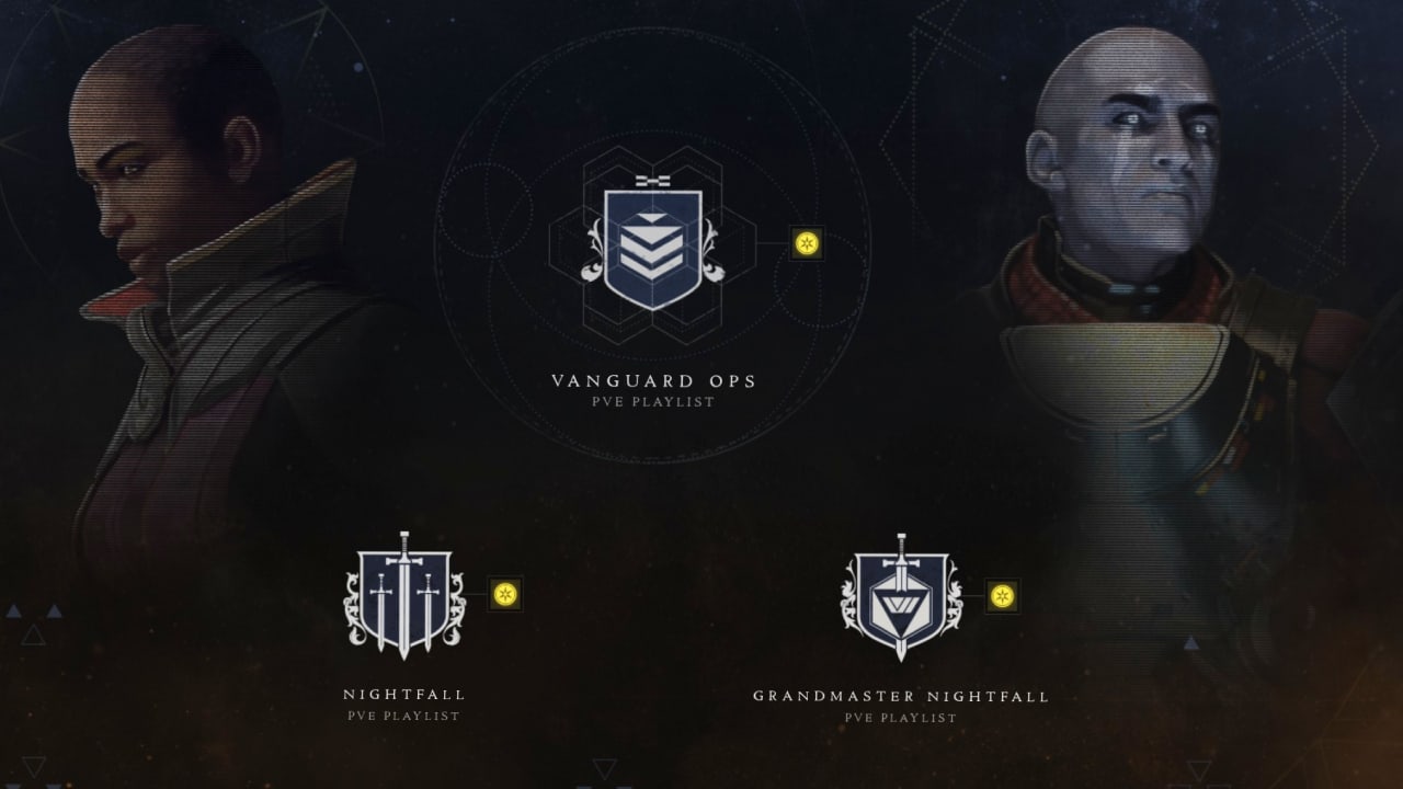 Weekly Destiny 2 Nightfall strike, weapon and rewards: The main Vanguard Operations menu screen.