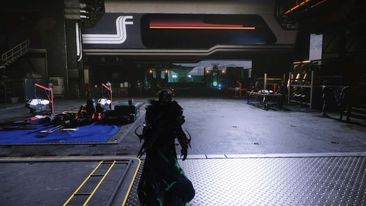 Destiny 2 where is Xur - Xur's location and how you can reach it this week (Jan 12 - 16, 2024): A player in the Hangar facing towards Xur's location.