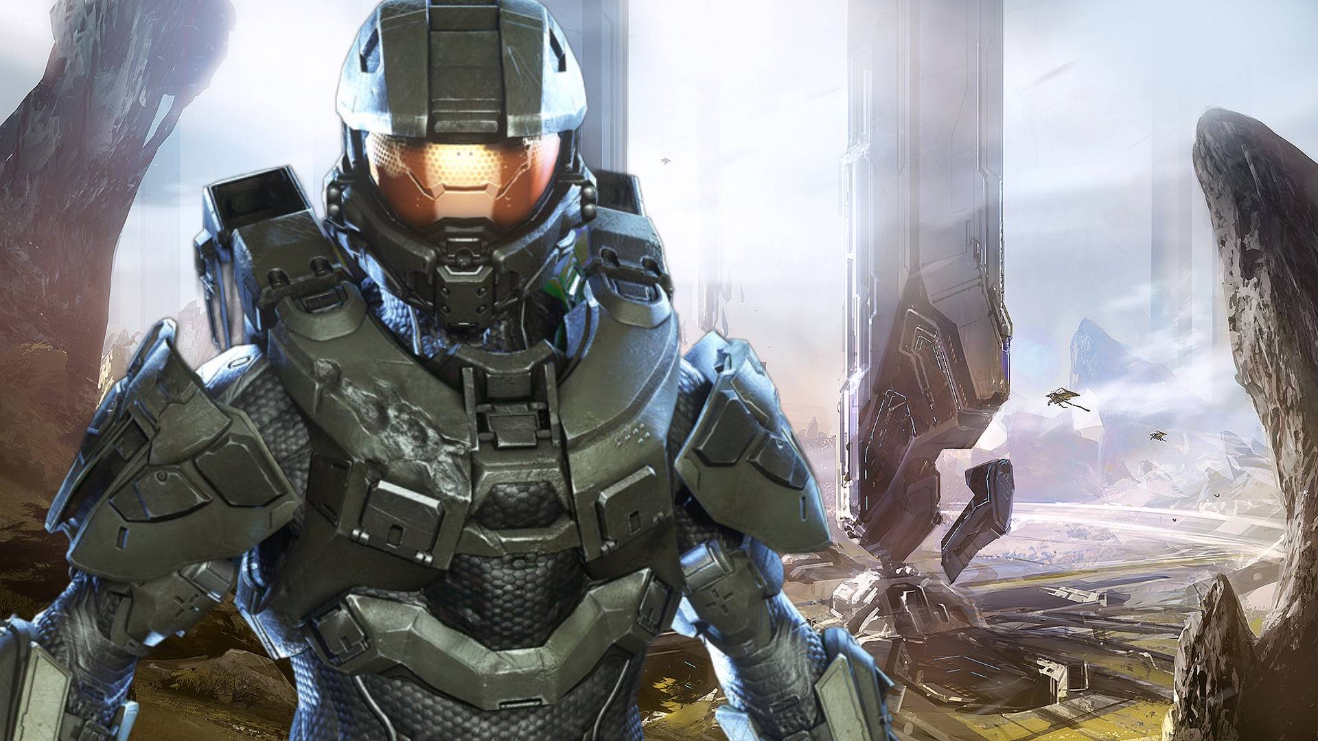 Halo 4 Master Chief standing in front of Forerunner structures