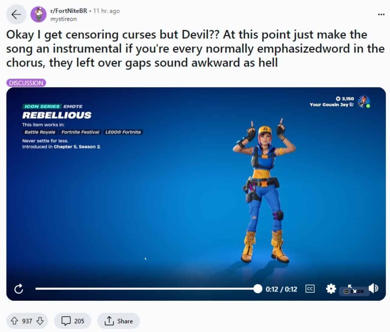 Screenshot of a reddit post discussing the latest Fortnite criticism about a character cursing, quickly shut down by Epic with a video of the character in-game, accompanied by text and user reactions.