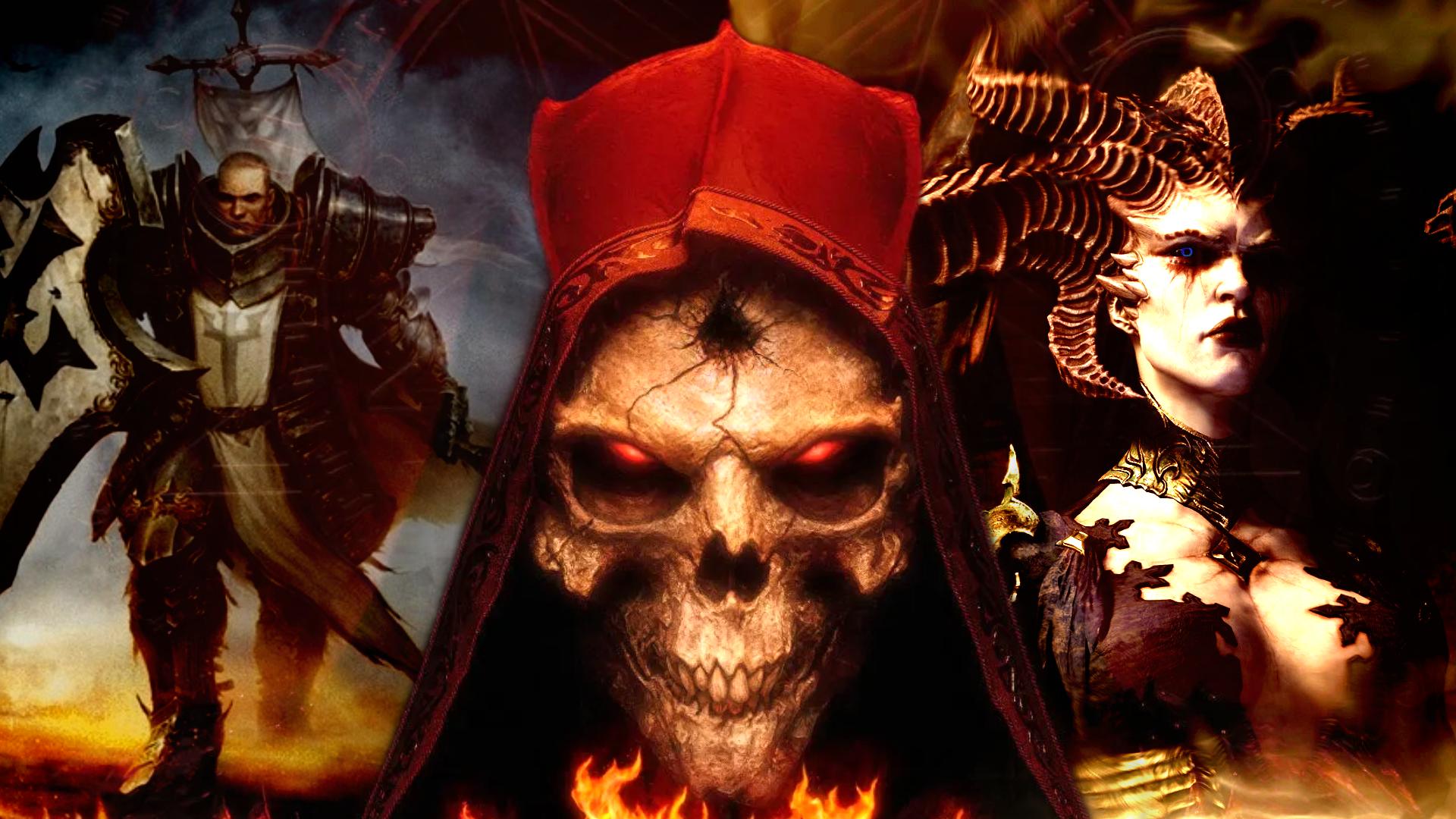 Diablo 2 keyart in the center with Lilith from Diablo 4 on the right and a Diablo 3 soldier on the left