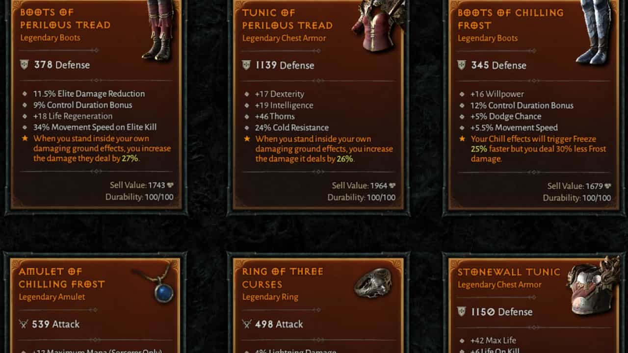 Diablo 4 Season 2 aspects: A screenshot of the menu showcasing some Diablo 4 aspects.