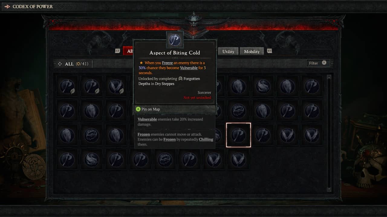 Diablo 4 Season 2 aspects: A screenshot of the menu showcasing some Diablo 4 aspects.