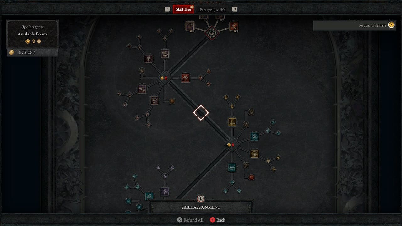Diablo 4 Barbarian skill tree: An image of the barbarian's skill tree with core and defensive skills displayed.