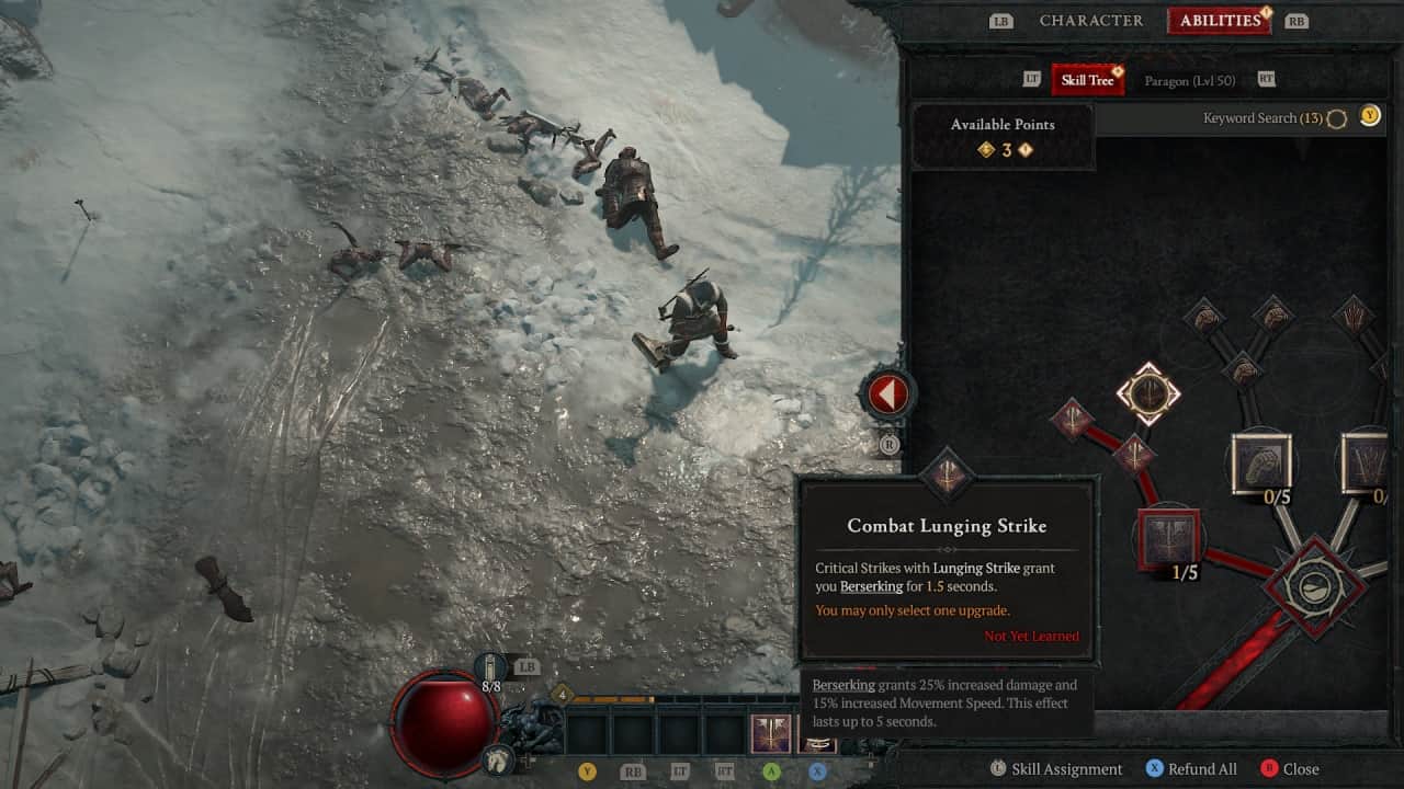 Diablo 4 berserk: A Barbarian checks their skill tree with the Combat Lunging Strike highlighted.