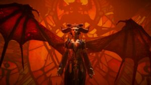 Diablo 4 bosses: Lilith raising to the sky with her wings in front of some stained glass. PvP