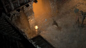 A Diablo 4 player runs into the entrance of the Broken Bulwark dungeon.