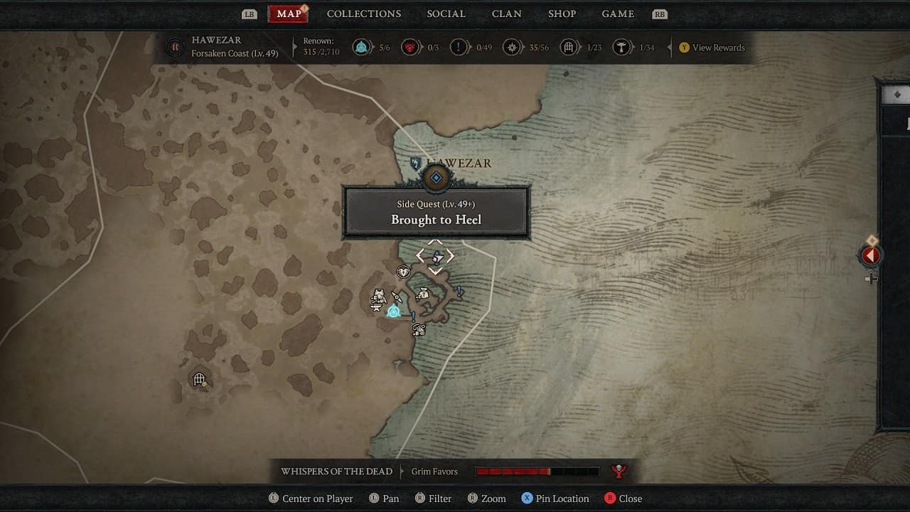 Diablo 4 Brought to Heel quest walkthrough: An image of the Diablo 4 map with the Brought to Heel quest location highlighted.