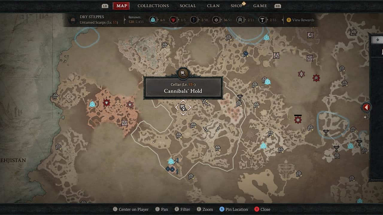 Diablo 4 Cannibals Hold: An image of the in-game map with the Cannibals Hold cellar highlighted.