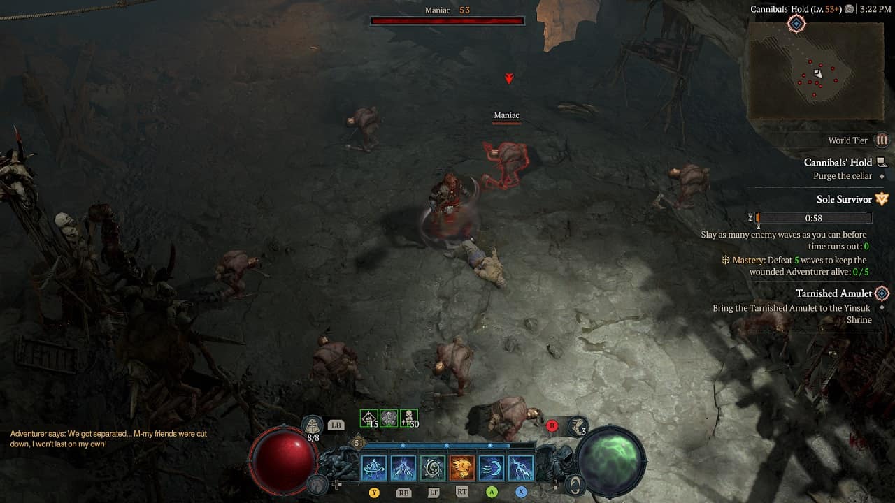 Diablo 4 Cannibals Hold: An image of a player character facing off waves of cannibals in a cellar.