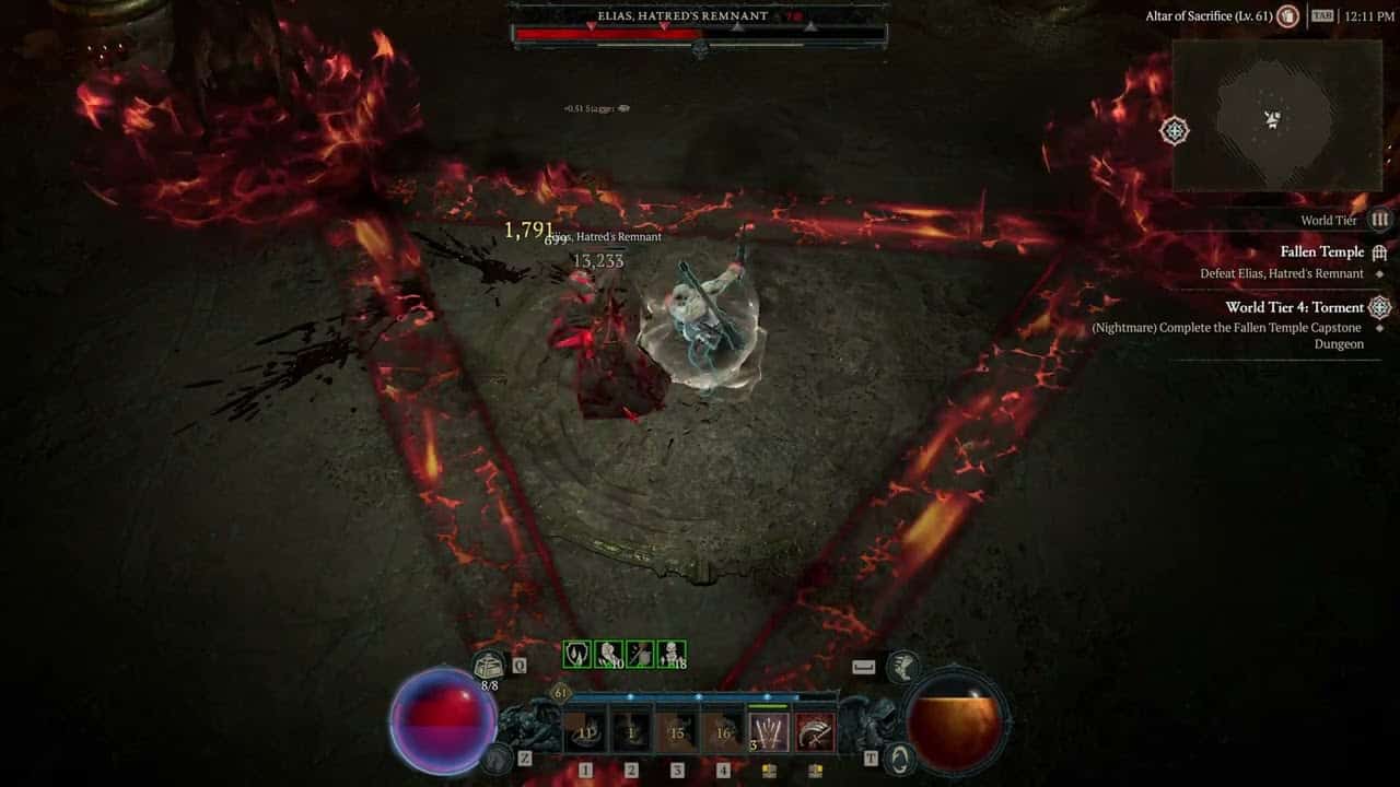 Diablo 4 Capstone Dungeon: A player fights Elias, the final boss of the Fallen Temple Capstone Dungeon in the game.