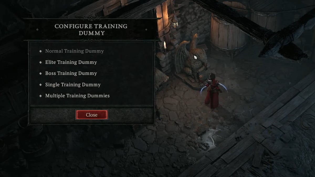 A Diablo 4 player configures the training dummy.