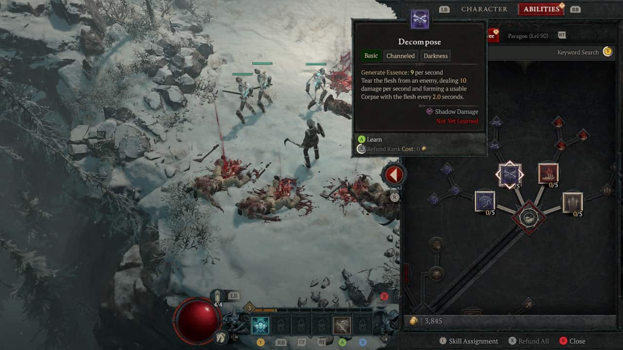 Diablo 4 consume corpse: A necromancer checks their skill tree and spots the Decompose skill.