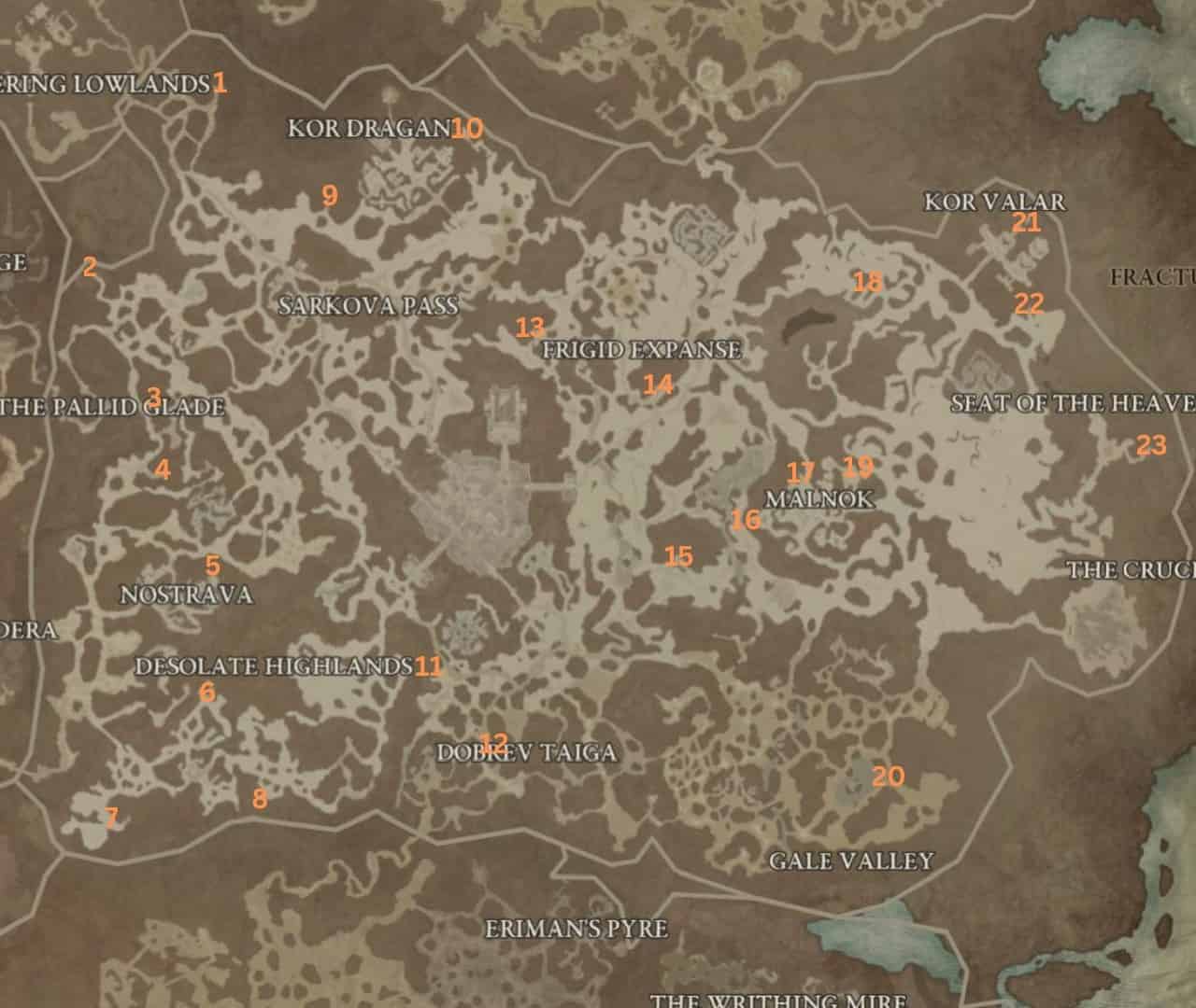 Diablo 4 Dungeons: A map of Diablo 4's Fractured Peaks region with dungeons marked on it.