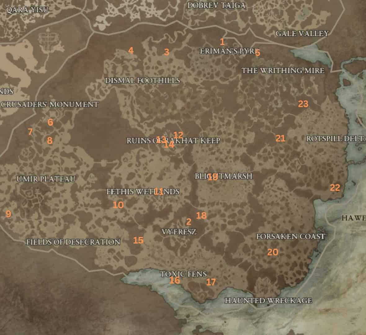 Diablo 4 Dungeons: A map of Diablo 4's Hawezar region with dungeons marked on it.
