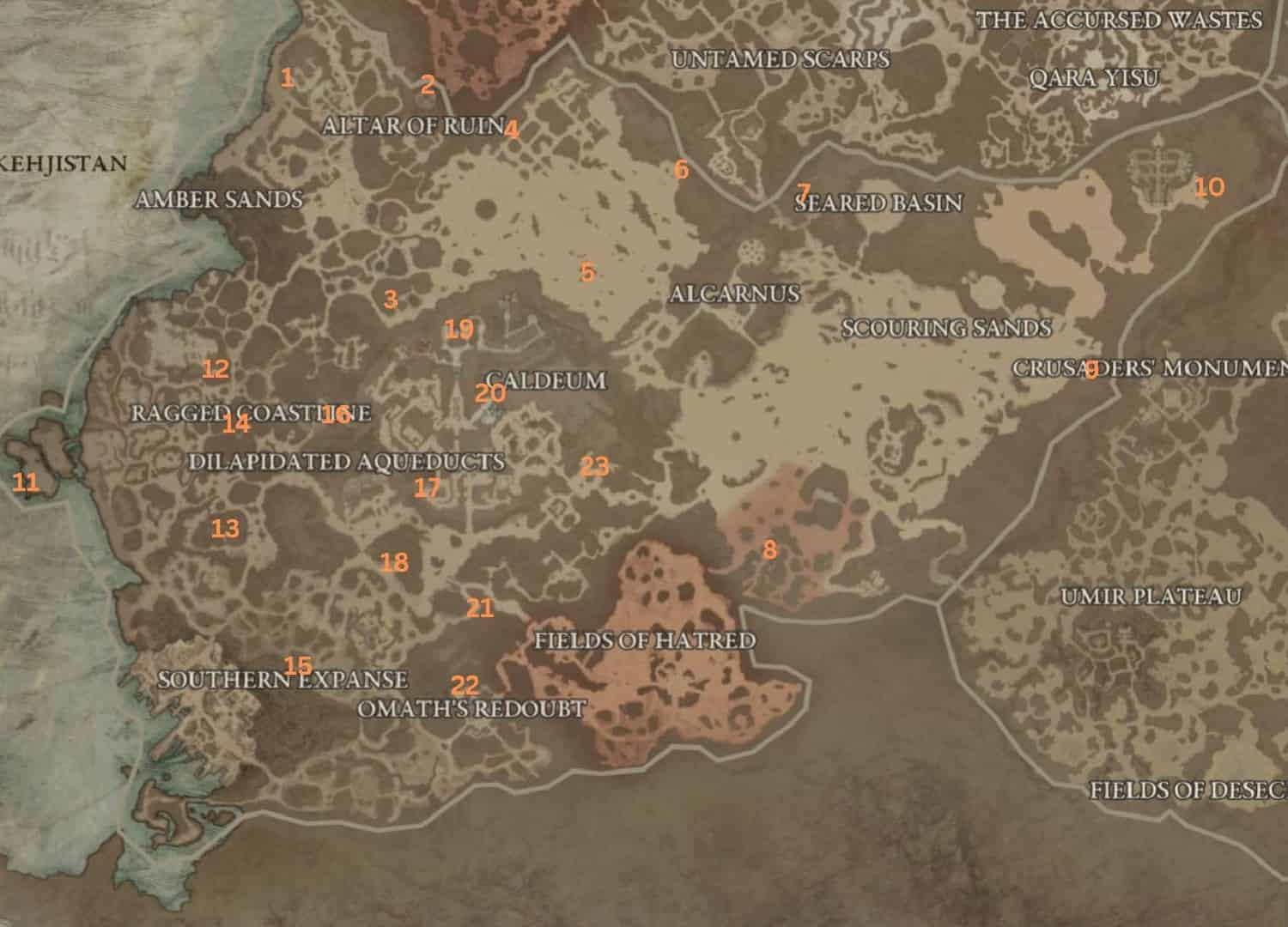 Diablo 4 Dungeons: A map of Diablo 4's Kehjistan region with dungeons marked on it.