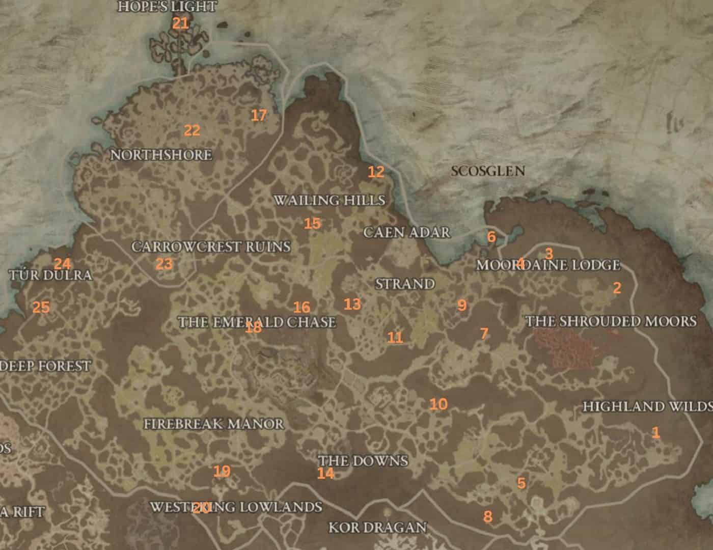 Diablo 4 Dungeons: A map of Diablo 4's Scosglen region with dungeons marked on it.