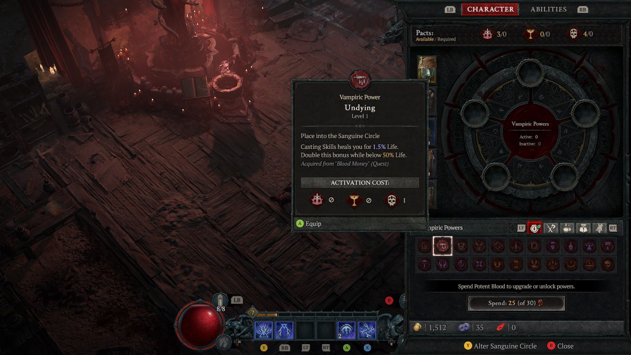 Diablo 4 equip vampire powers: A character checks their Sanguine circle.