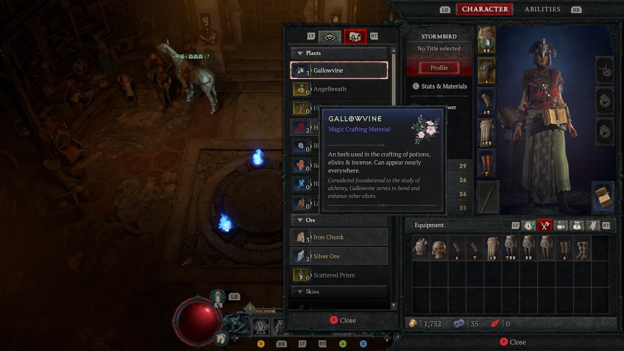 Diablo 4 Gallowvine: An image of a player checking their inventory.