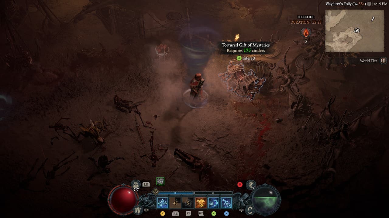 Diablo 4 Helltides in Season 1: An image of a player standing next to a Tortured Gift of Mysteries.