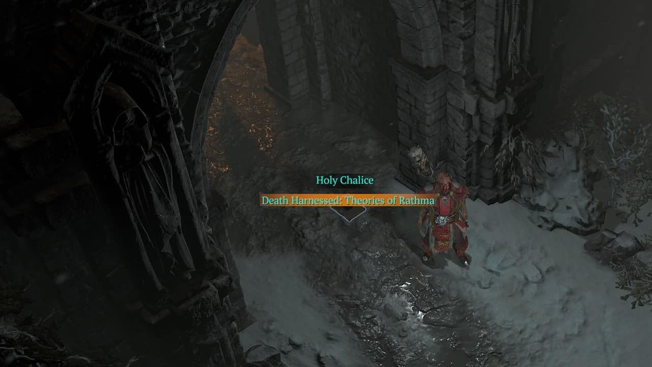 Diablo 4 Holy Chalice bug: An image of the player next to the Holy Chalice item spawned near the Kyovashad gate.