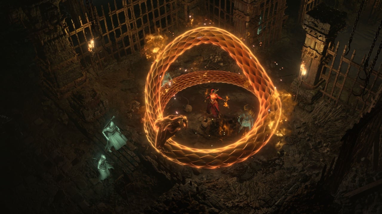 Diablo 4 how long: An image of a character fighting enemies with magic spells.